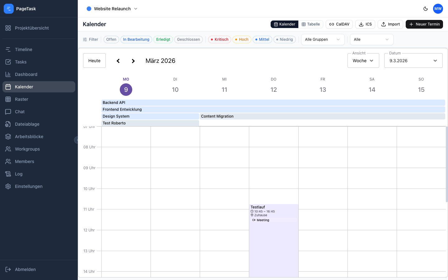 Kalenderansicht mit Events und CalDAV