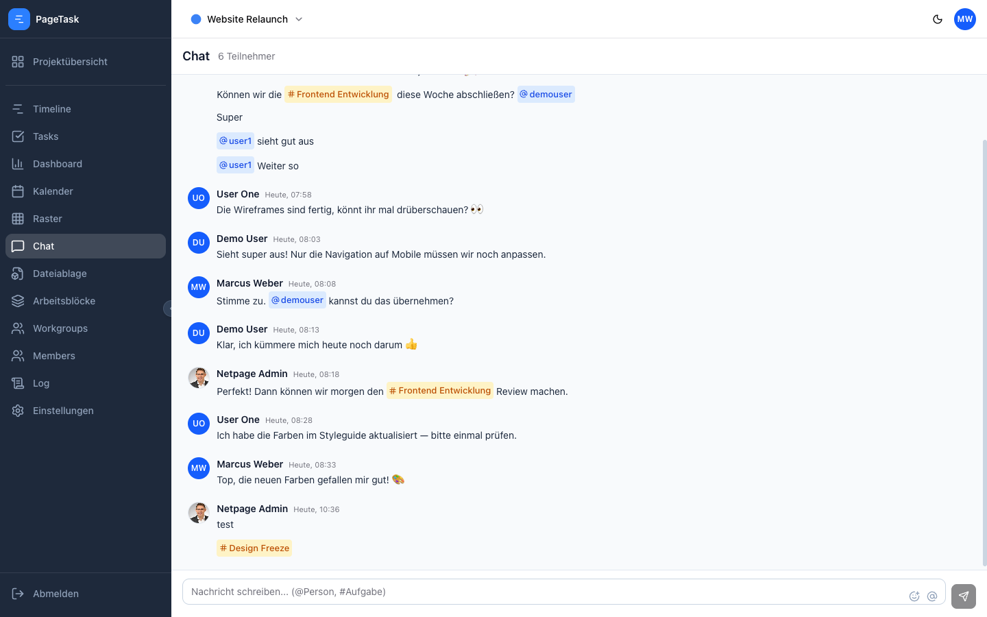 Projekt-Chat mit Mentions und Task-Links